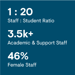 1:20 Staff : Student Ratio, 3500+ Academic and Support Staff, 46% Female Staff