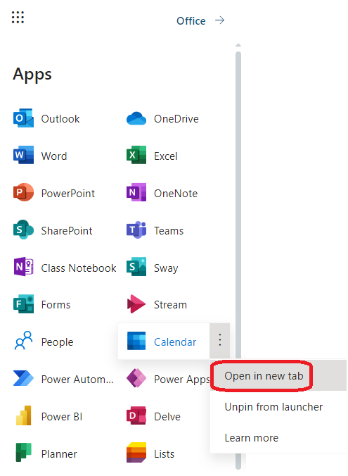 A screen shot showing how to launch Outlook Calendar in the web version