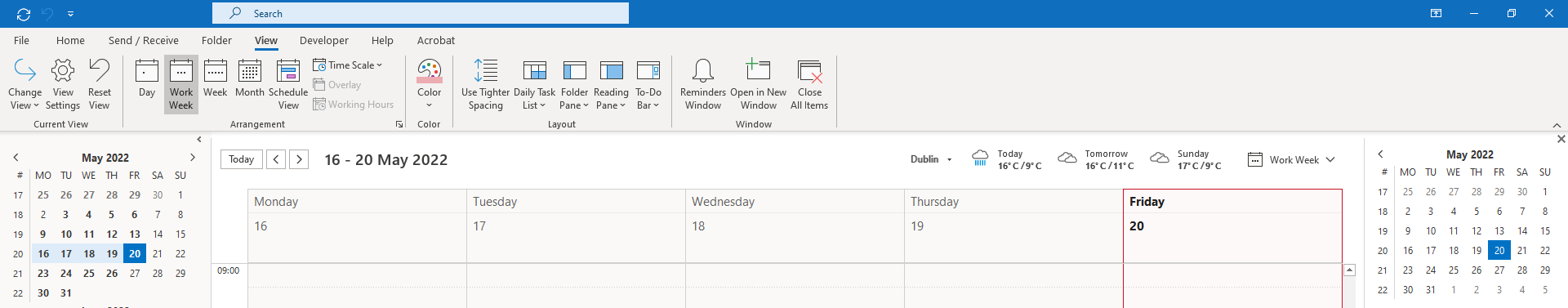 A screen shot showing the top of the screen in MS Outlook Calendar Client