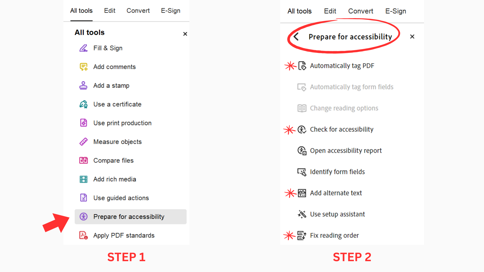 On the left is a screenshot of the 'All Tools' menu in Adobe Acrobat, with a red arrow highlighting the 'Prepare for Accessibility' function. On the right is a screenshot of the
