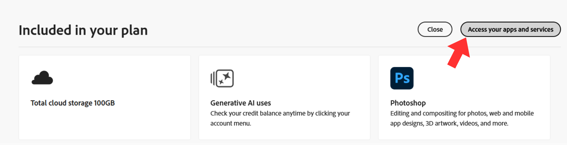 A screenshot of the Adobe app dashboard, with a red arrow highlighting the