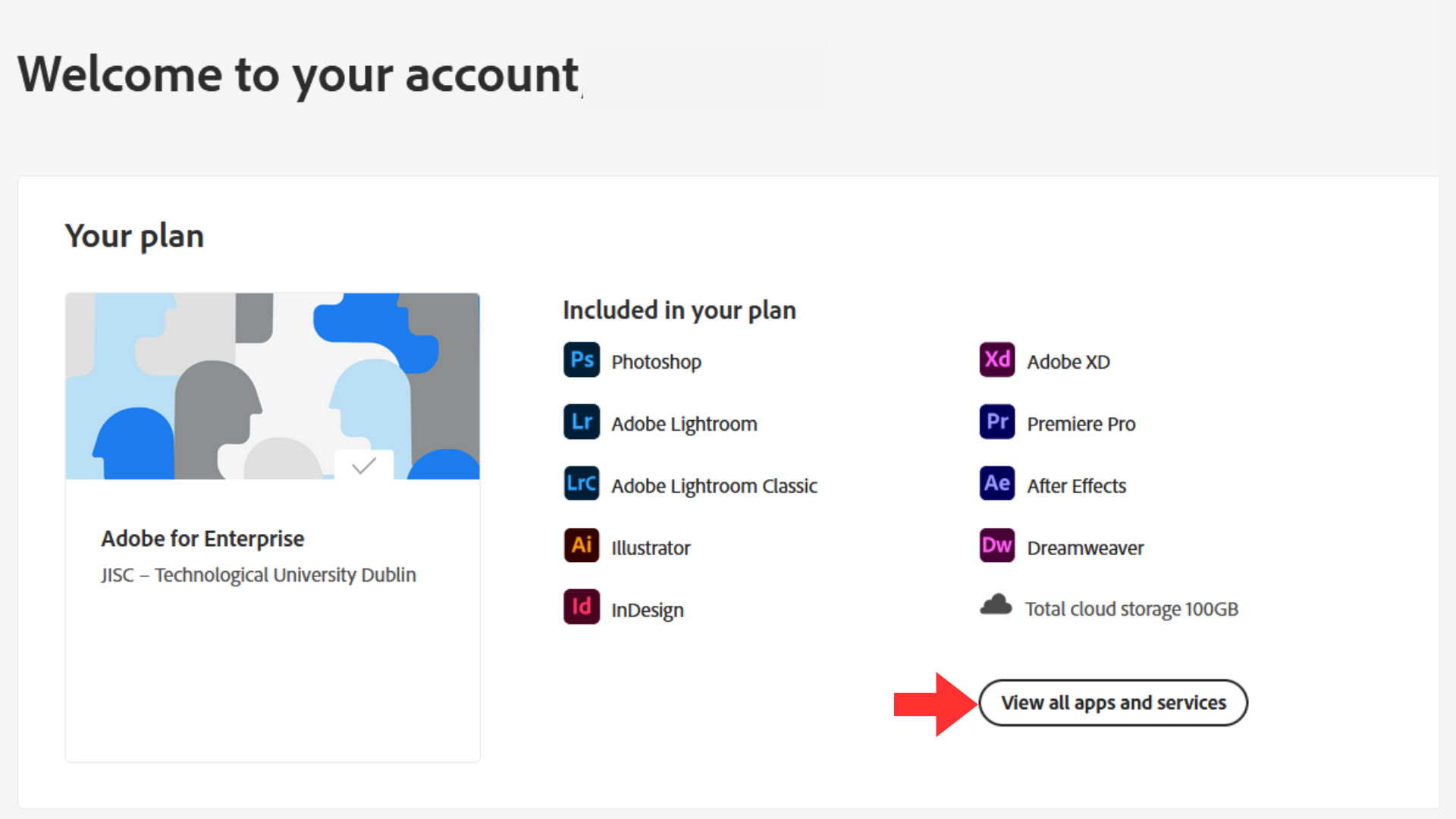 A screenshot of the Adobe account app dashboard after login, with a red arrow highlighting the