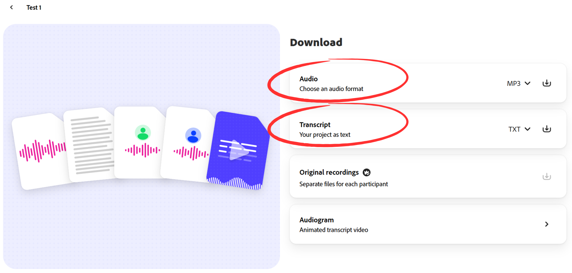 Adobe Podcast user interface showing options for downloading audio and transcript files.