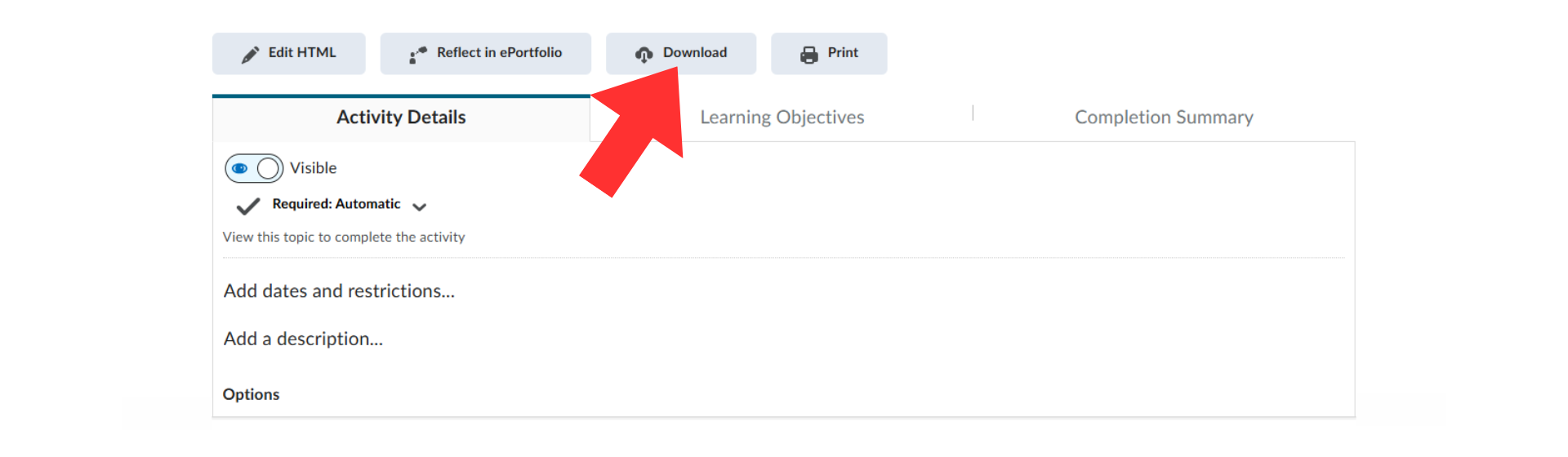 A screenshot of the Brightspace interface, with a menu bar, highlighting the
