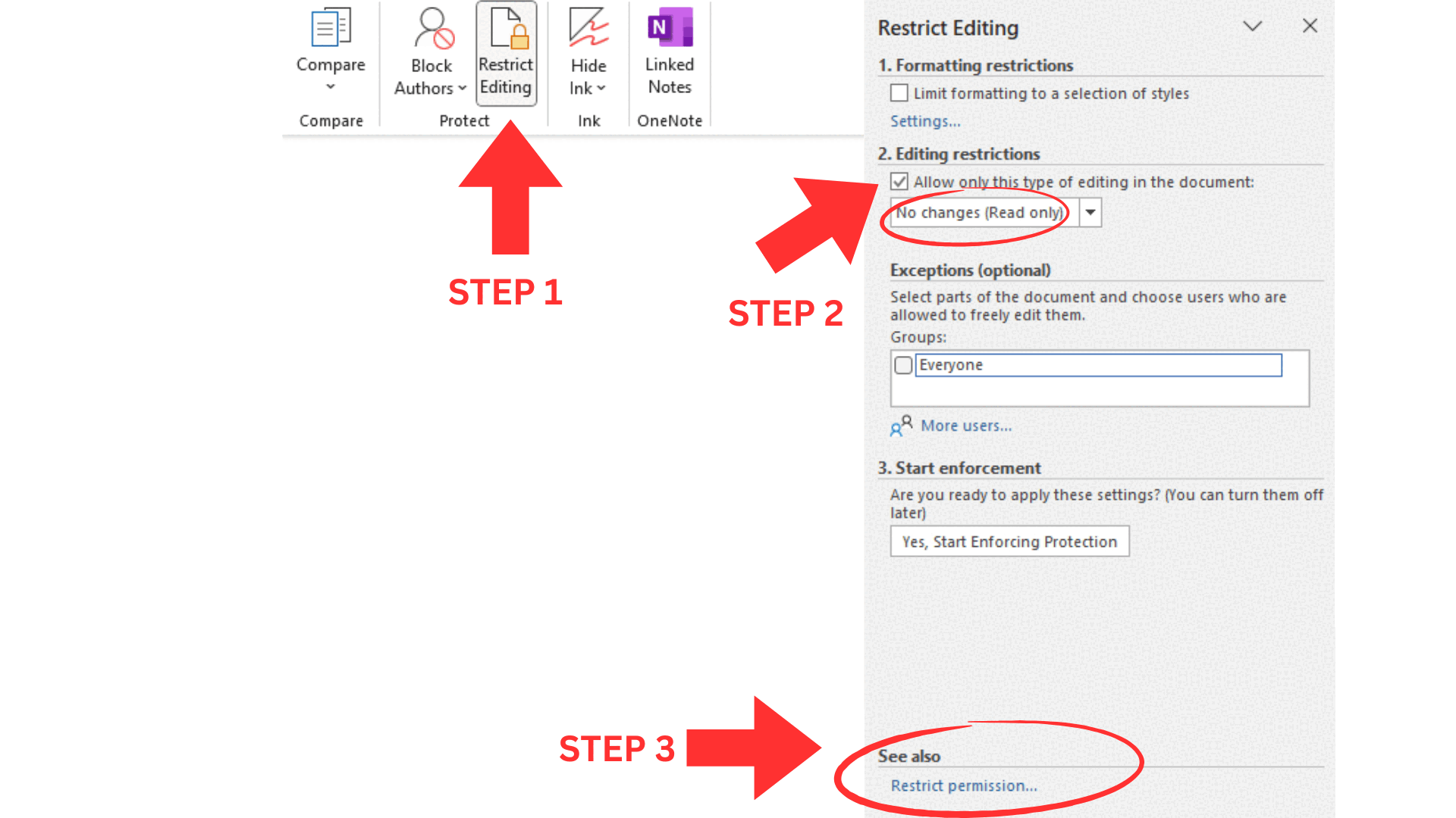 Instructional steps demonstrating how to restrict editing in a Word document.