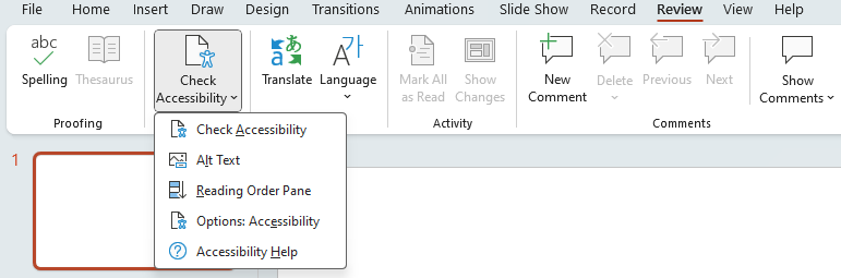 Screenshot of a Microsoft PowerPoint presentation showing the Review tab with the 'Check Accessibility' dropdown menu open.