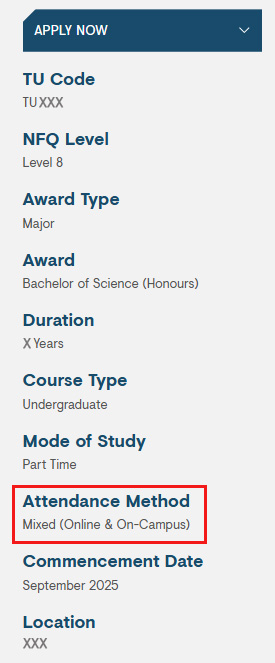 An example of the Programme Attendance Methods in use on the website