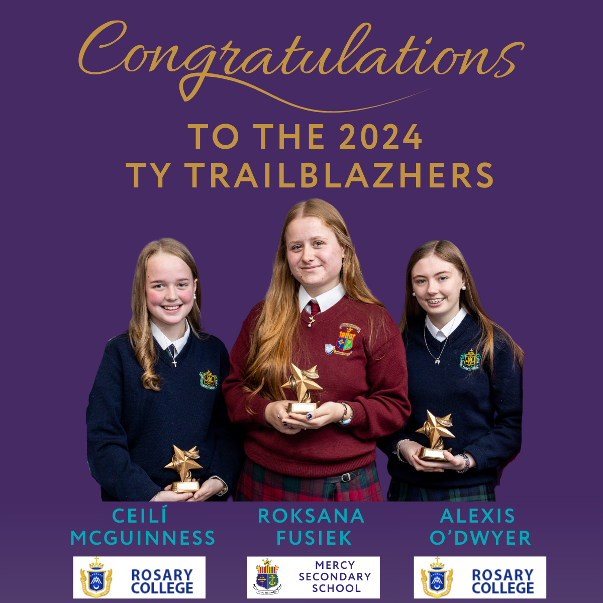 Female secondary schools students holding a gold trophy with a purple baclground.