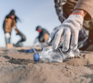 People picking up plastic litter on a beach