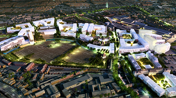 Image for students walking along campus with trees and buildings in the background