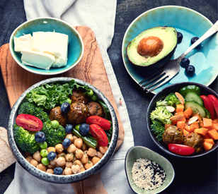 overhead image of a table of healthy food