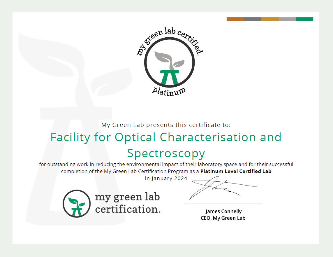 Physical to Life Sciences research Hub My Green Lab certificate