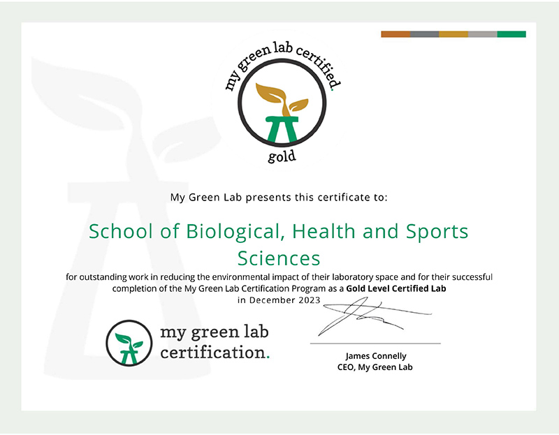 TU Dublin School of Biological, Health and Sports Sciences Gold My Green Lab Certification