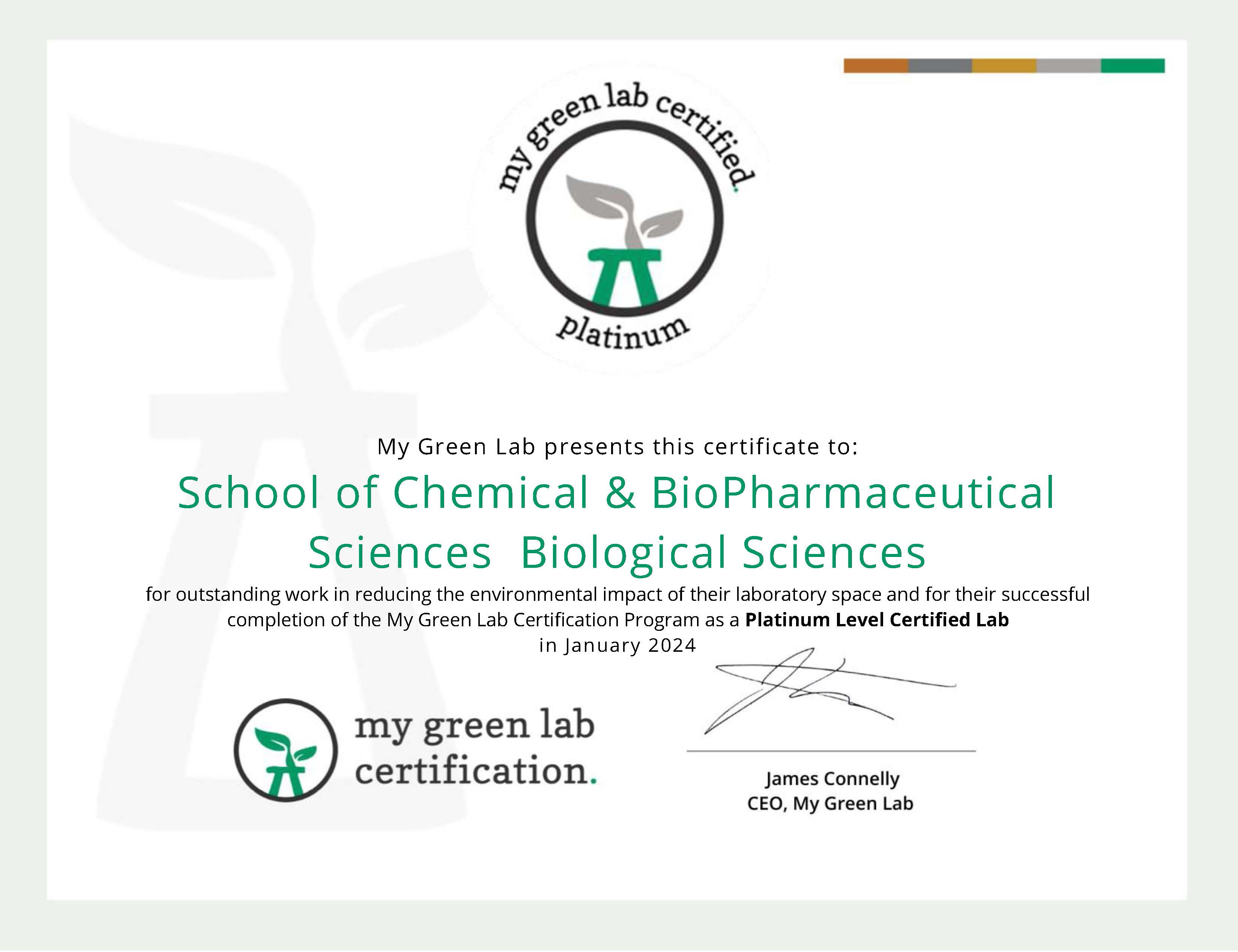 My Green Lap certificate for School of Chemical & biopharmaceutical  Science - Biological Sciences Tallaght