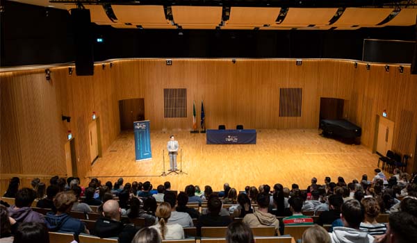 TU Dublin's Concert Hall in Grangegorman hosting a lecture with a packed audience