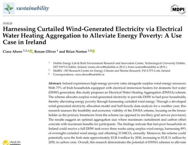 Image for Harnessing Curtailed Wind-Generated Electricity via Electrical Water Heating Aggregation to Alleviate Energy Poverty: A Use Case in Ireland