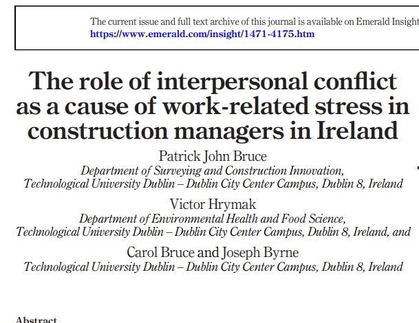 Image for The role of interpersonal conflict as a cause of work-related stress in construction managers in Ireland